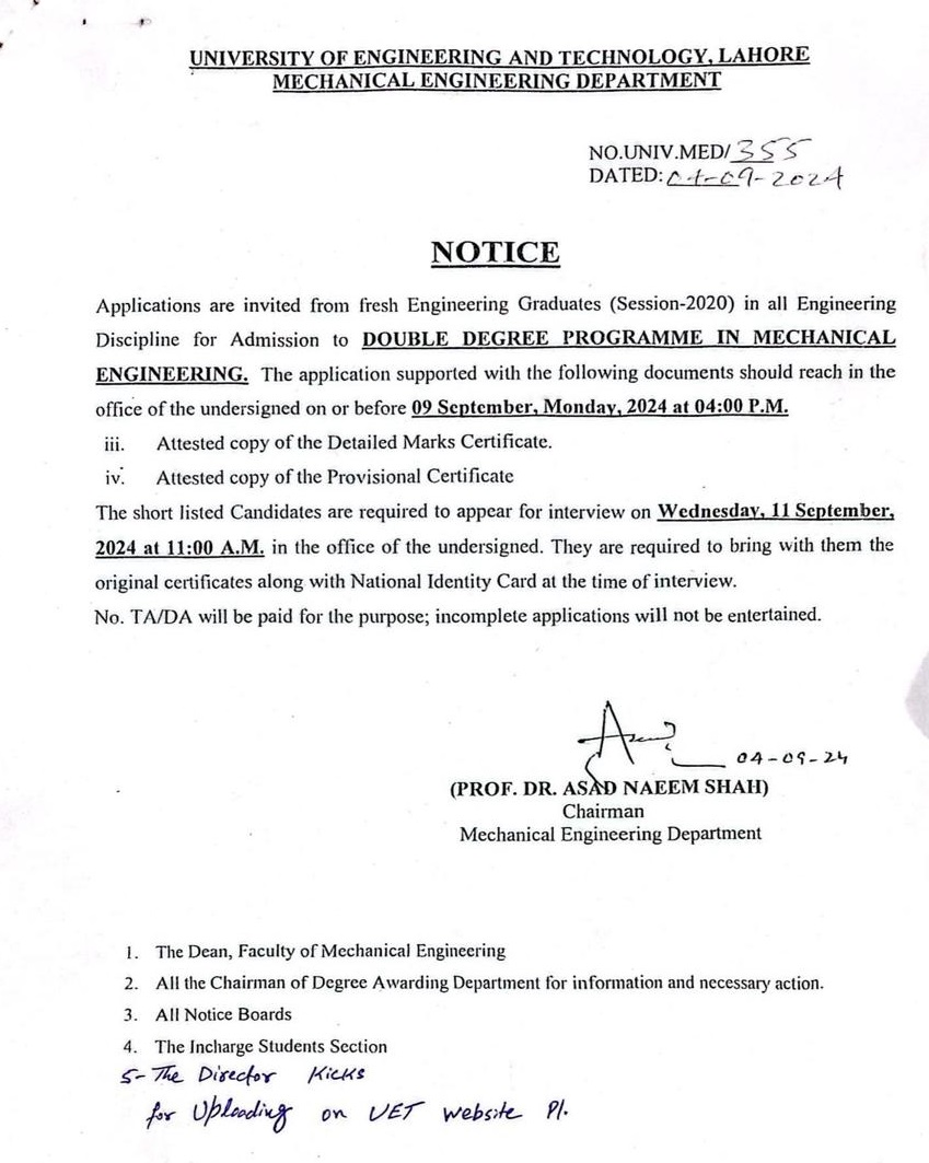 Admission to Double Degree Program in Mechanical Engineering