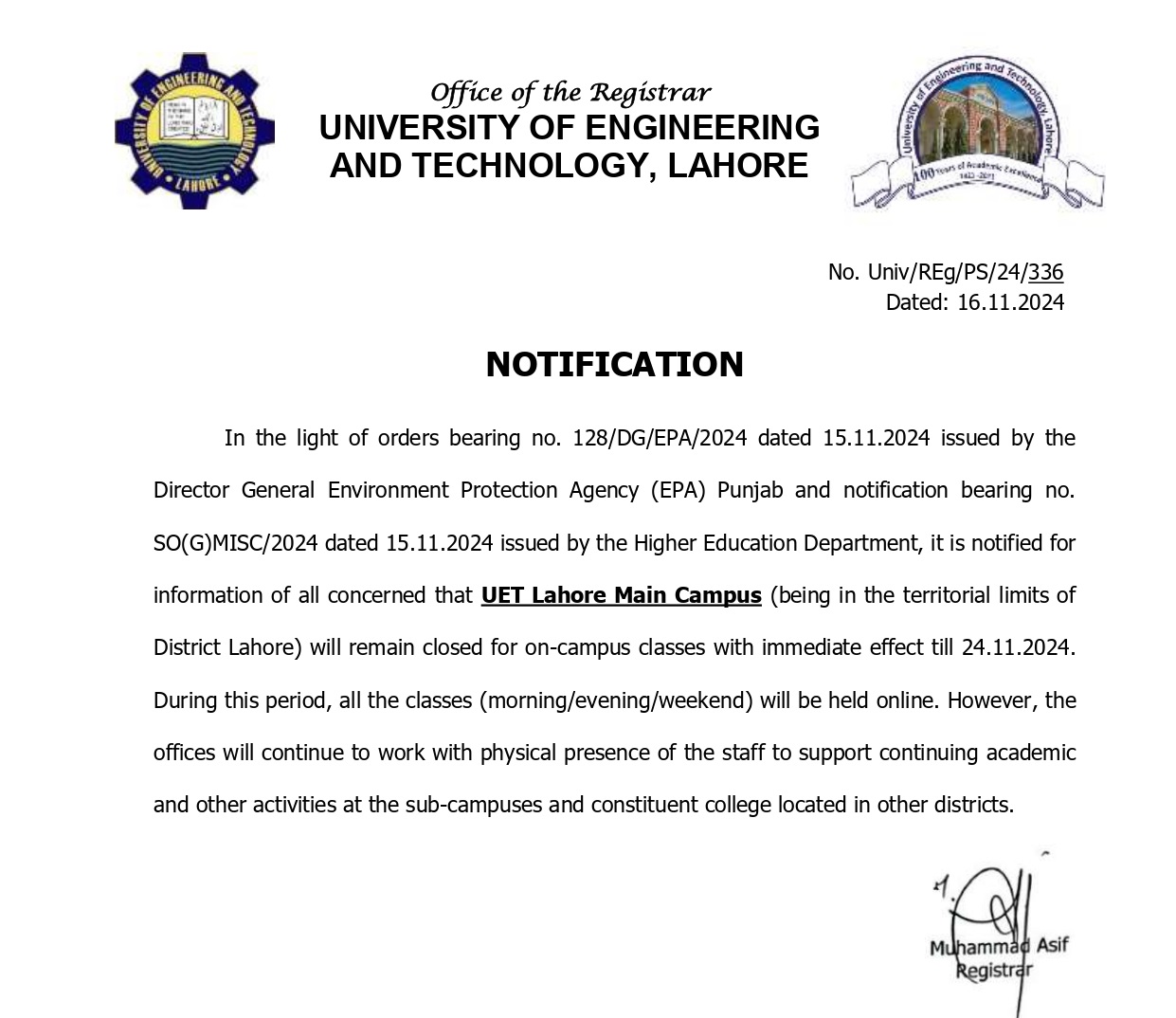 Notification of Online Classes at UET Main Campus (1)_page-0001