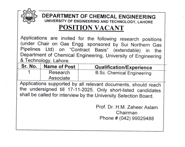 Research Associate in the Department of Chemical Engineering, UET Lahore
