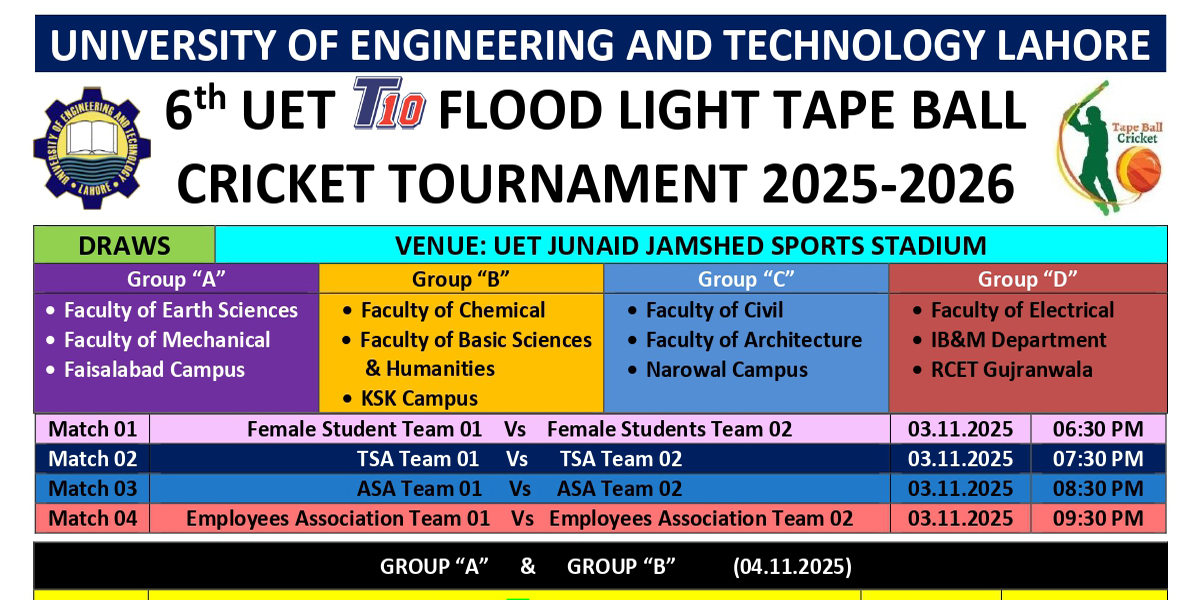 UET Lahore Announces 6th T10 Flood Light Tape Ball Cricket Tournament 2025-26